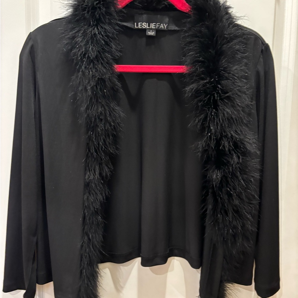 Leslie Fay Black Jacket with Feather Trim